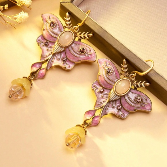 Luxe Gold Tone Rhinestone Floral Butterfly Drop Earrings - Picture 2 of 6